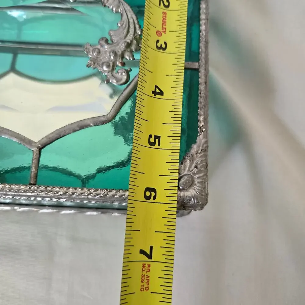 Teal Green Stained Glass Mirrored Jewelry Box Trinket Box Beveled and Waterglass